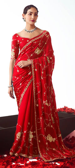 Red and Maroon color Saree in Silk fabric with Embroidered, Sequence, Thread work