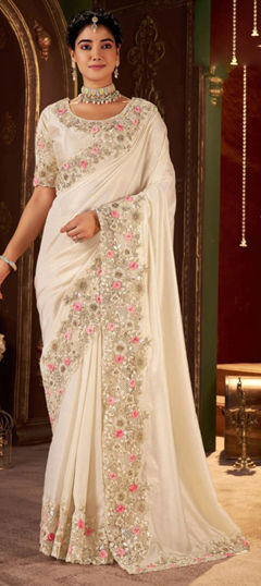 Beige and Brown color Saree in Silk fabric with Embroidered, Sequence, Thread work