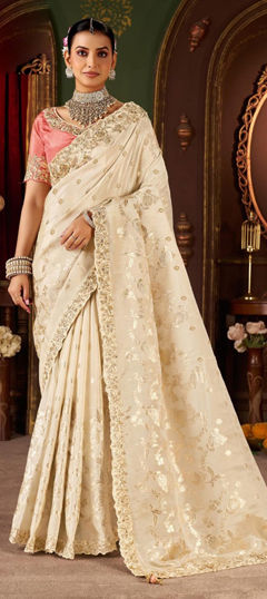 Beige and Brown color Saree in Silk fabric with Embroidered, Sequence, Thread work