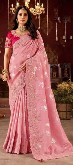 Pink and Majenta color Saree in Silk fabric with Embroidered, Sequence, Thread work