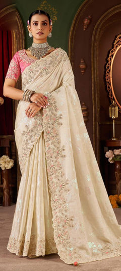 Beige and Brown color Saree in Silk fabric with Embroidered, Sequence, Thread work