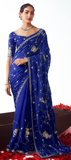 Blue color Saree in Silk fabric with Embroidered, Sequence, Thread work