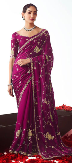 Pink and Majenta color Saree in Silk fabric with Embroidered, Sequence, Thread work