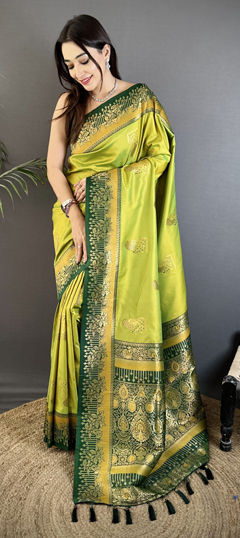 Green color Saree in Banarasi Silk fabric with Weaving work