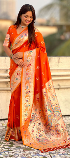 Orange color Saree in Silk fabric with Weaving work