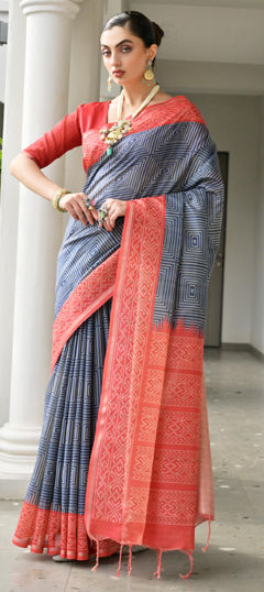 Blue, Red and Maroon color Saree in Tussar Silk fabric with Printed work