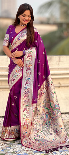 Purple and Violet color Saree in Silk fabric with Weaving work