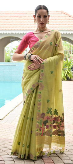Green color Saree in Chanderi Silk, Cotton fabric with Printed work
