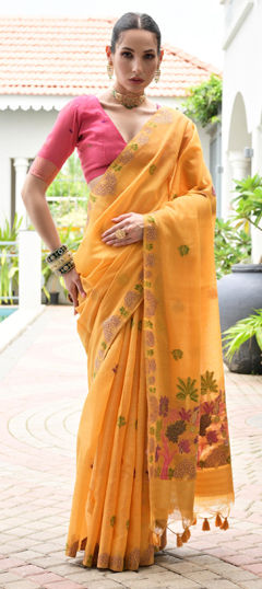 Yellow color Saree in Chanderi Silk, Cotton fabric with Printed work
