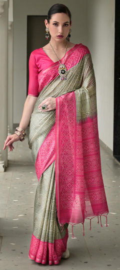 Beige and Brown, Pink and Majenta color Saree in Tussar Silk fabric with Printed work
