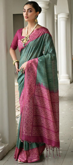 Green, Pink and Majenta color Saree in Tussar Silk fabric with Printed work