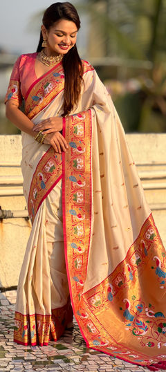 Beige and Brown color Saree in Silk fabric with Weaving work