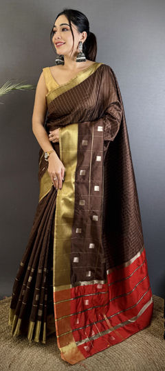 Beige and Brown color Saree in Silk cotton fabric with Weaving work