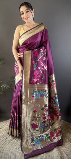 Pink and Majenta color Saree in Silk fabric with Weaving work