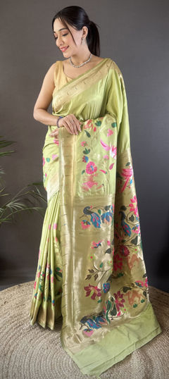 Green color Saree in Silk fabric with Weaving work