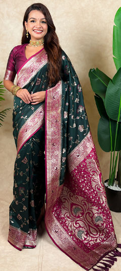 Green, Pink and Majenta color Saree in Banarasi Silk fabric with Weaving work
