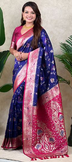 Blue, Pink and Majenta color Saree in Banarasi Silk fabric with Weaving work