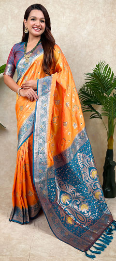 Blue, Yellow color Saree in Banarasi Silk fabric with Weaving work