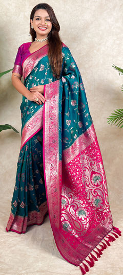 Blue, Pink and Majenta color Saree in Banarasi Silk fabric with Weaving work