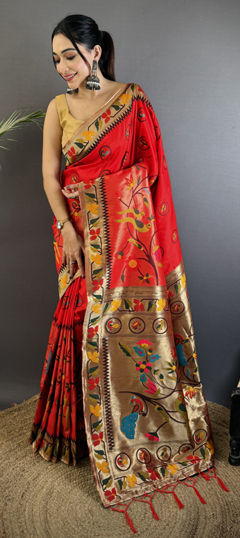 Red and Maroon color Saree in Silk fabric with Weaving work