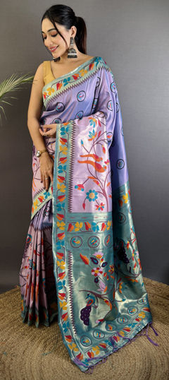 Blue, Pink and Majenta color Saree in Silk fabric with Weaving work