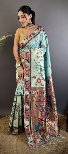 Blue, Green color Saree in Silk fabric with Weaving work