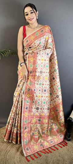 Beige and Brown color Saree in Banarasi Silk fabric with Weaving work
