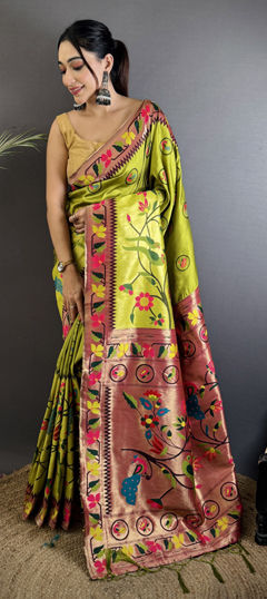 Beige and Brown, Green color Saree in Silk fabric with Weaving work