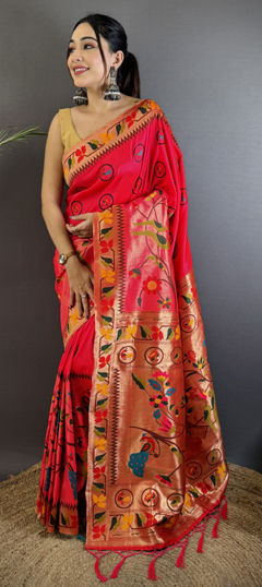 Red and Maroon color Saree in Silk fabric with Weaving work