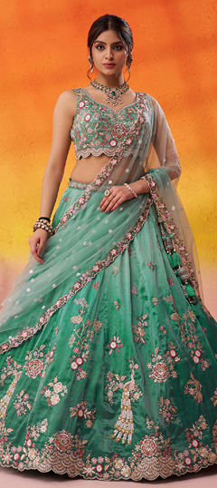 Green color Lehenga in Tissue fabric with Embroidered, Moti, Sequence, Thread work