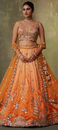 Orange color Lehenga in Tissue fabric with Embroidered, Moti, Sequence, Thread work