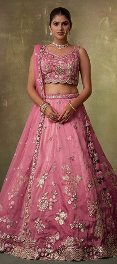 Pink and Majenta color Lehenga in Tissue fabric with Embroidered, Moti, Sequence, Thread work