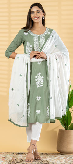 Green color Salwar Kameez in Cotton fabric with Embroidered, Resham, Thread work