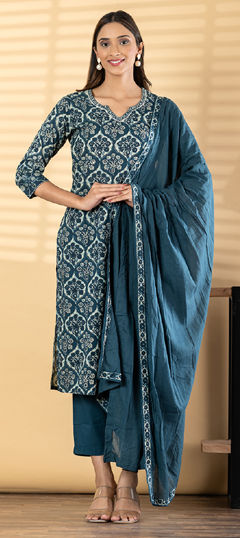 Blue color Salwar Kameez in Cotton fabric with Floral, Printed, Sequence, Thread work