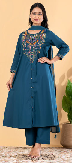 Blue color Salwar Kameez in Cotton Flex fabric with Embroidered, Resham, Thread work