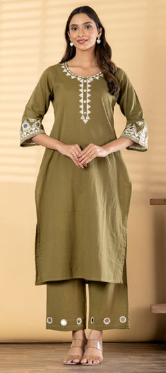 Green color Salwar Kameez in Cotton Flex fabric with Embroidered, Mirror work