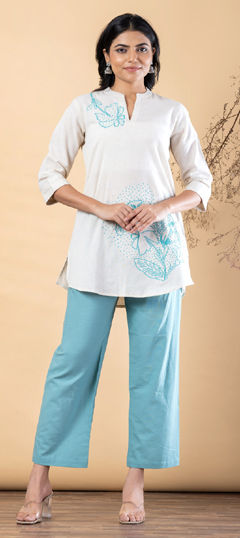 Blue, White and Off White color Co-ords Set in Cotton Flex fabric with Embroidered, Resham work