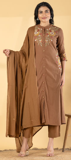 Beige and Brown color Salwar Kameez in Cotton fabric with Embroidered, Resham, Thread, Zari work