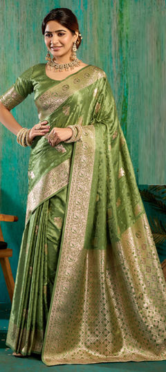Green color Saree in Satin Silk fabric with Weaving work
