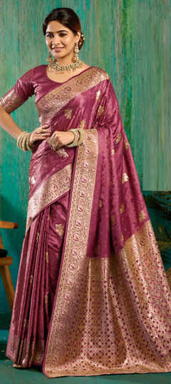 Pink and Majenta color Saree in Satin Silk fabric with Weaving work