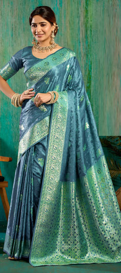 Blue color Saree in Satin Silk fabric with Weaving work