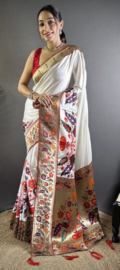 White and Off White color Saree in Silk fabric with Weaving work