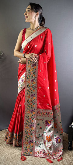 Red and Maroon color Saree in Silk fabric with Weaving work