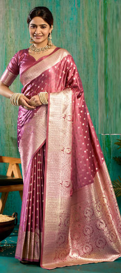 Red and Maroon color Saree in Satin Silk fabric with Weaving work