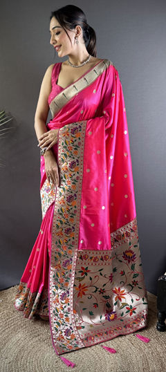 Pink and Majenta color Saree in Silk fabric with Weaving work