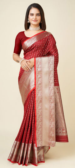 Red and Maroon color Saree in Banarasi Silk fabric with Weaving work