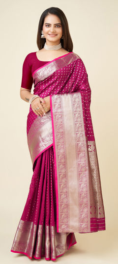 Pink and Majenta color Saree in Banarasi Silk fabric with Weaving work