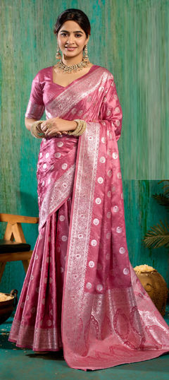 Pink and Majenta color Saree in Satin Silk fabric with Weaving work