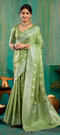 Green color Saree in Satin Silk fabric with Weaving work