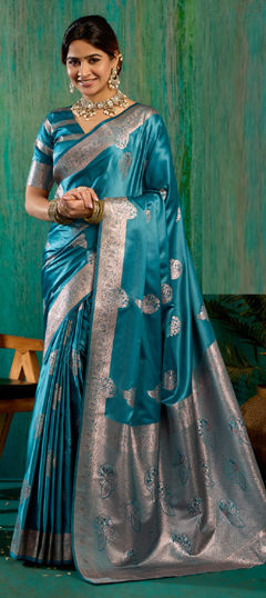 Blue color Saree in Satin Silk fabric with Weaving work